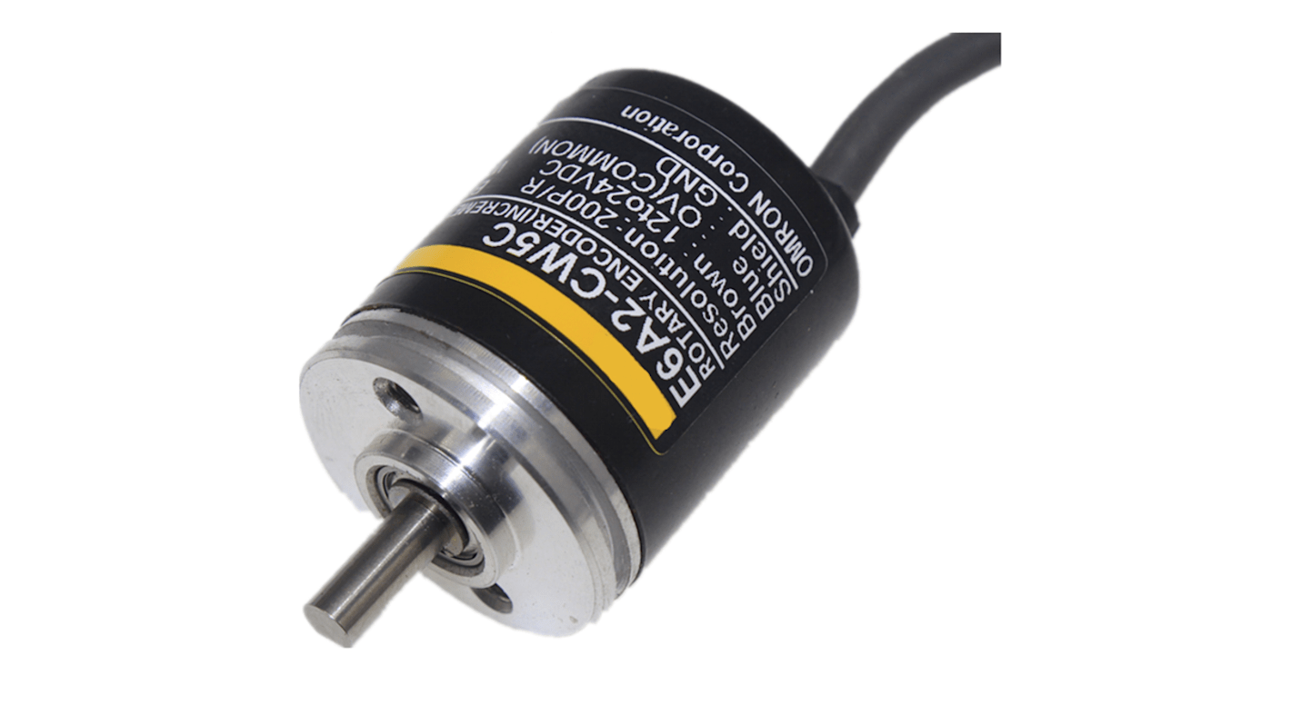 Encoder rotativo Omron E6A2-CWZ5C, 200 impulsi/giro, uscita NPN, cavo 0,5 m, resistenza agli urti.