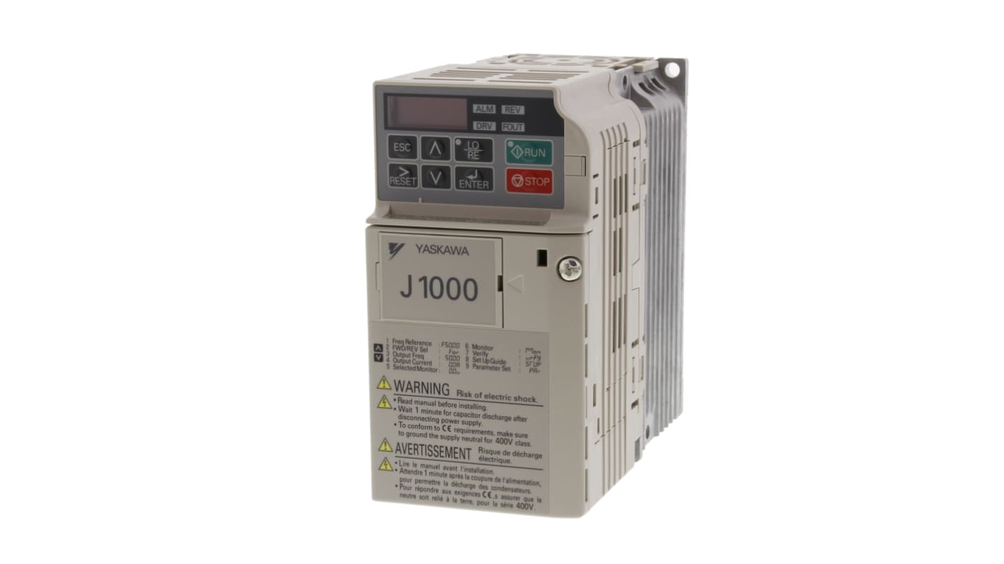 Inverter trifase Omron JZA20P7BAA, potenza 1,1 kW, alimentazione 200 V, corrente 6 A, grado di protezione IP20.