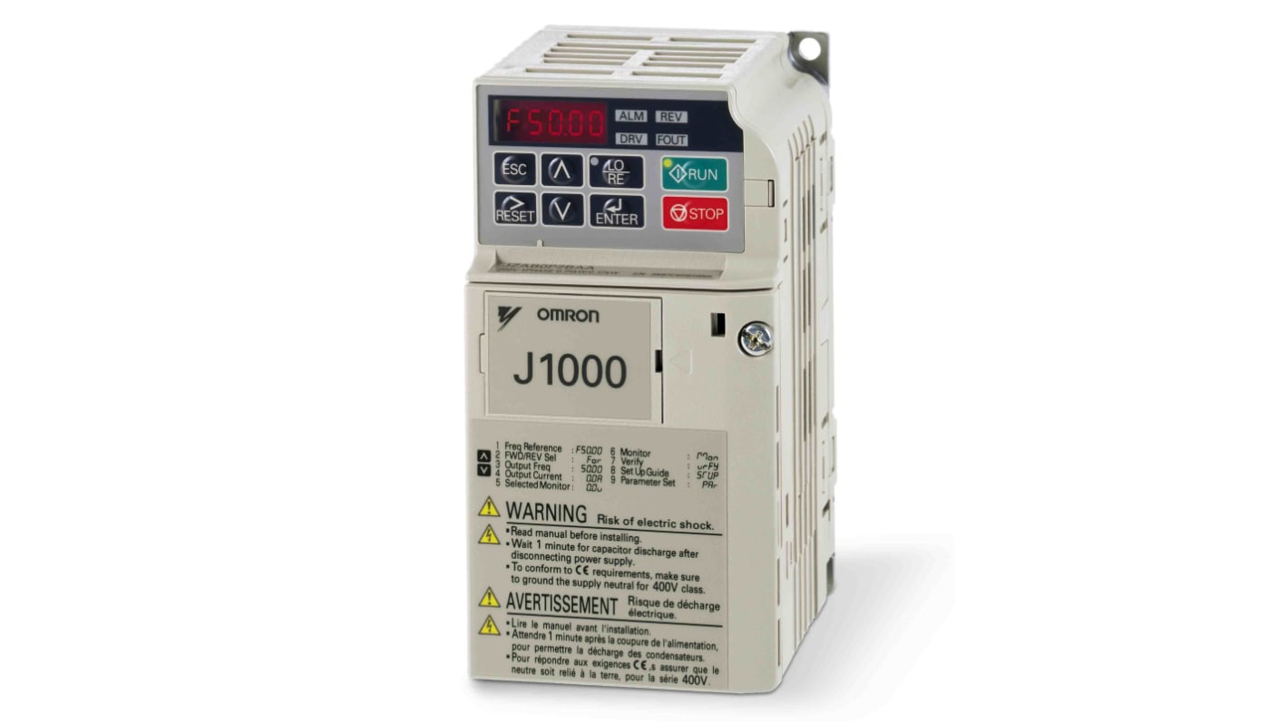 Inverter trifase Omron JZAB0P2BAA, potenza 0,4 kW, tensione 200 V, corrente 1,9 A, IP20, comunicazione Modbus.