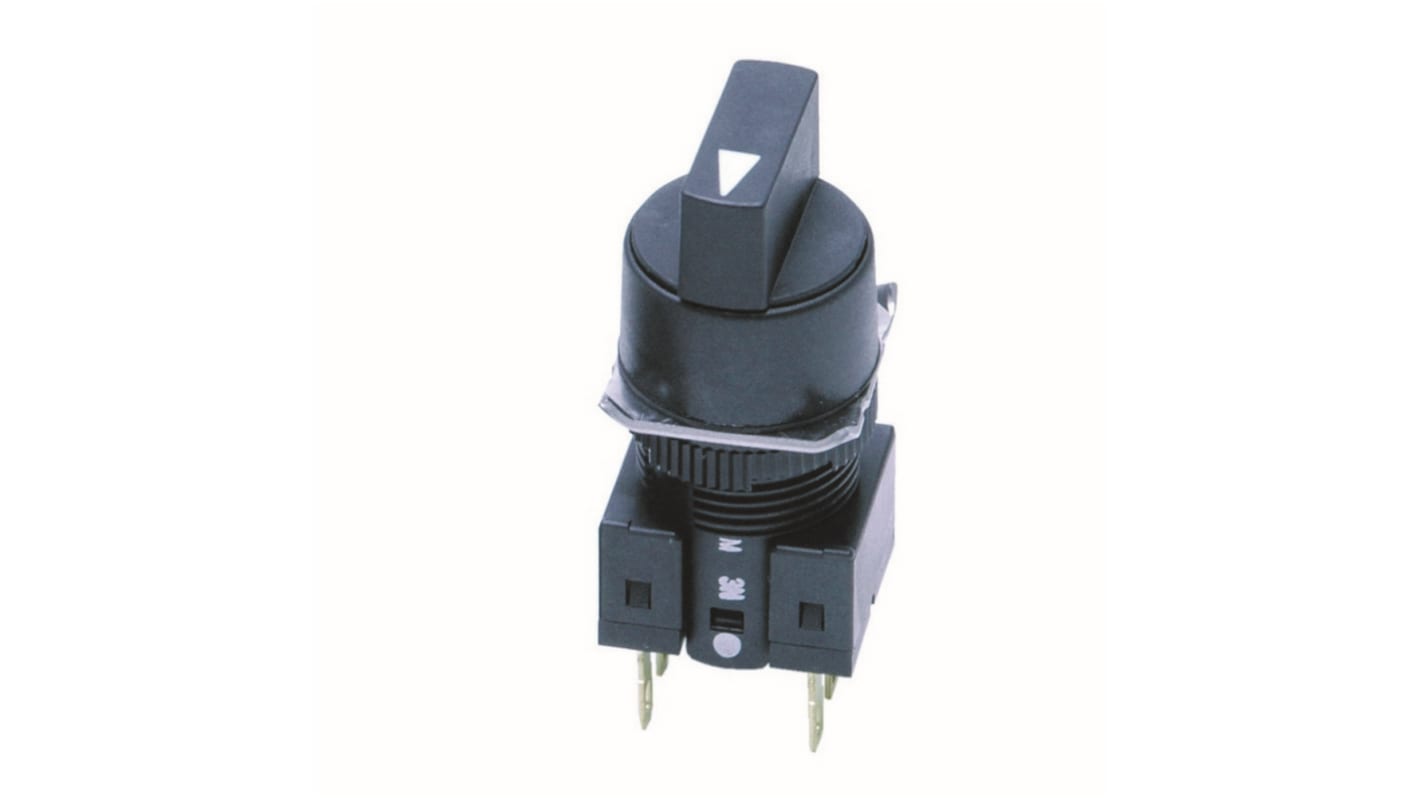 Selettore a 2 posizioni Ø 16mm Omron A165ST2A, attivazione a molla, temperatura operativa -10/+55°C, disponibile in versioni illuminate.
