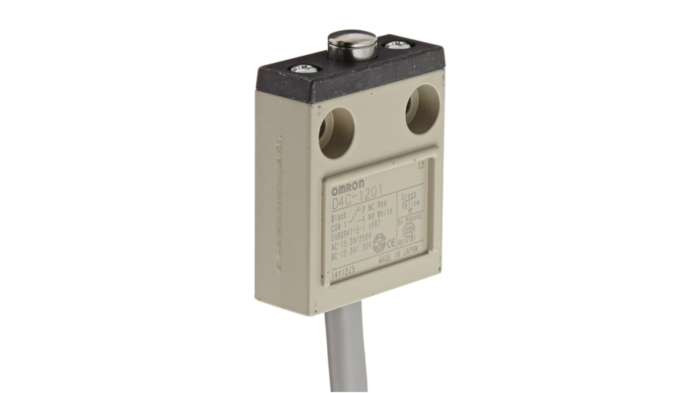 Interruttore di fine corsa Omron D4C-1201, stantuffo NO/NC, protezione IP67, corrente 5A, dimensioni 16 mm, alloggiamento metallico.