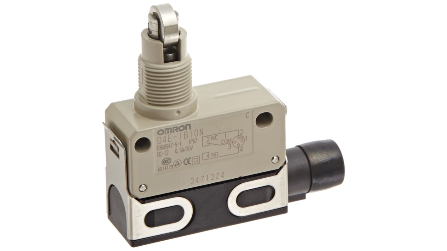 Interruttore di fine corsa a tasto a rotella Omron D4E-1B10N, configurazione NO/NC, grado di protezione IP67, corrente 1A.