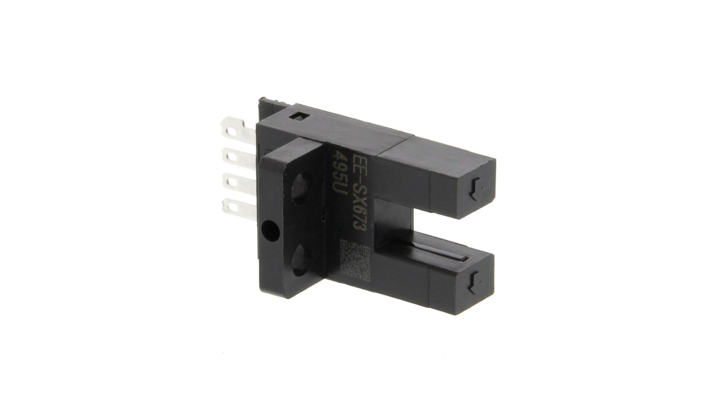 Omron EE-SX673R, sensore fotoelettrico a forcella con rilevamento di 5 mm e uscita PNP, frequenza di risposta 1 kHz.