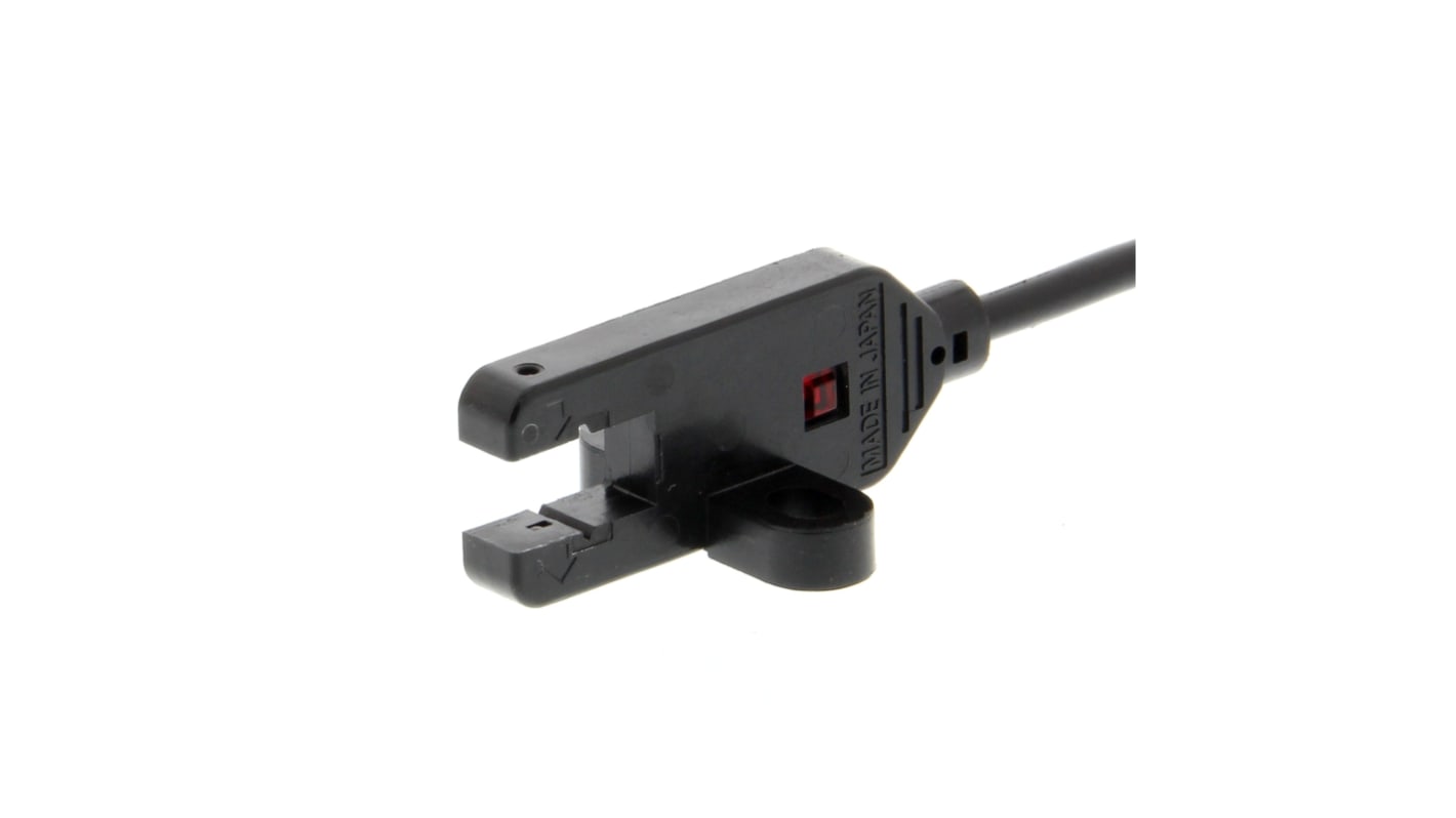 Sensore fotoelettrico Omron EE-SX772R a forma di T, rilevamento a 5 mm, uscita PNP, cavo sottile, indicatori luminosi.