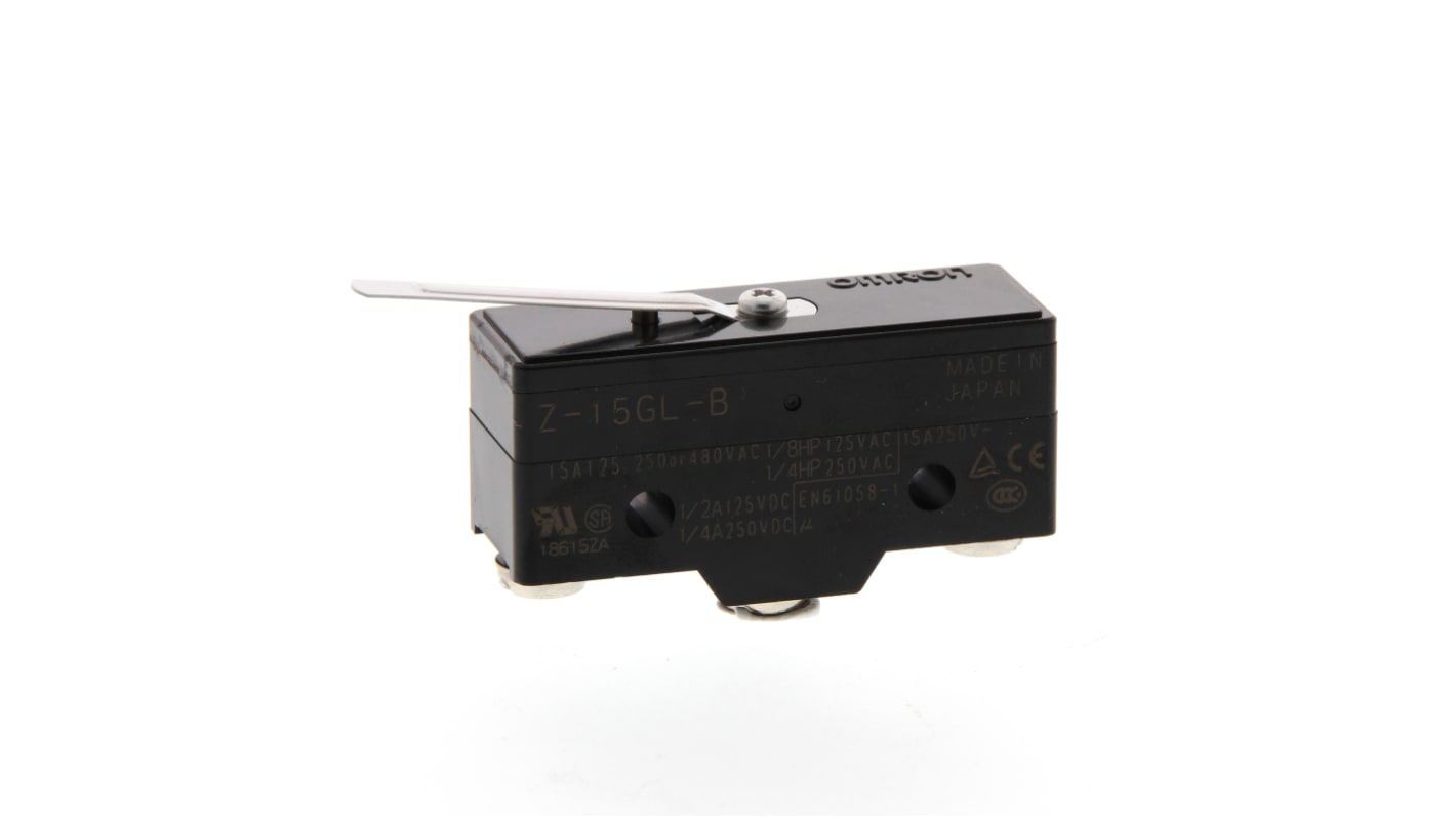 Interruttore di fine corsa Omron Z-15GL-B, leva a lamella, configurazione NO/NC, corrente 15 A, tensione 250 V.