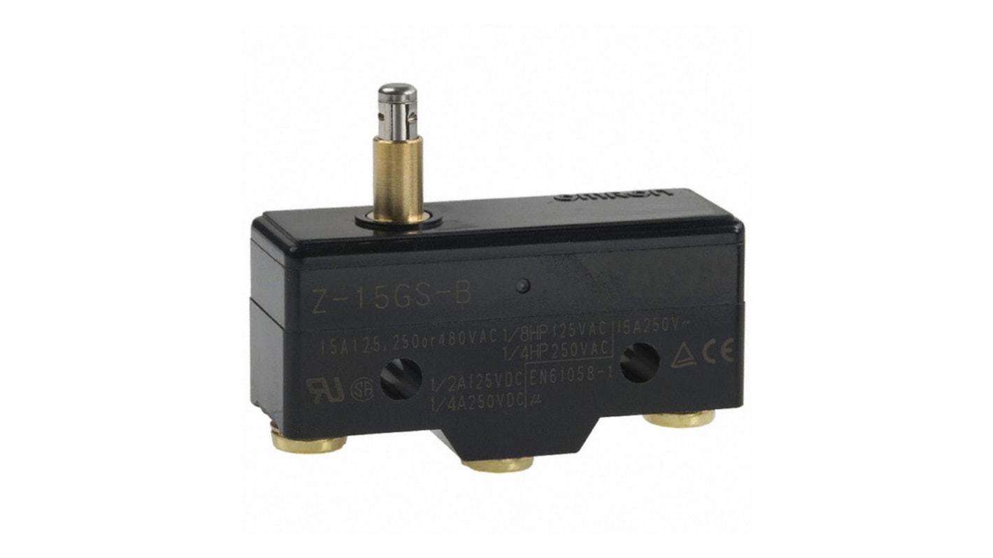 Interruttore di fine corsa Omron Z-15GS, pistone a molla SPDT, corrente 15A, tensione 500V, protezione IP00.