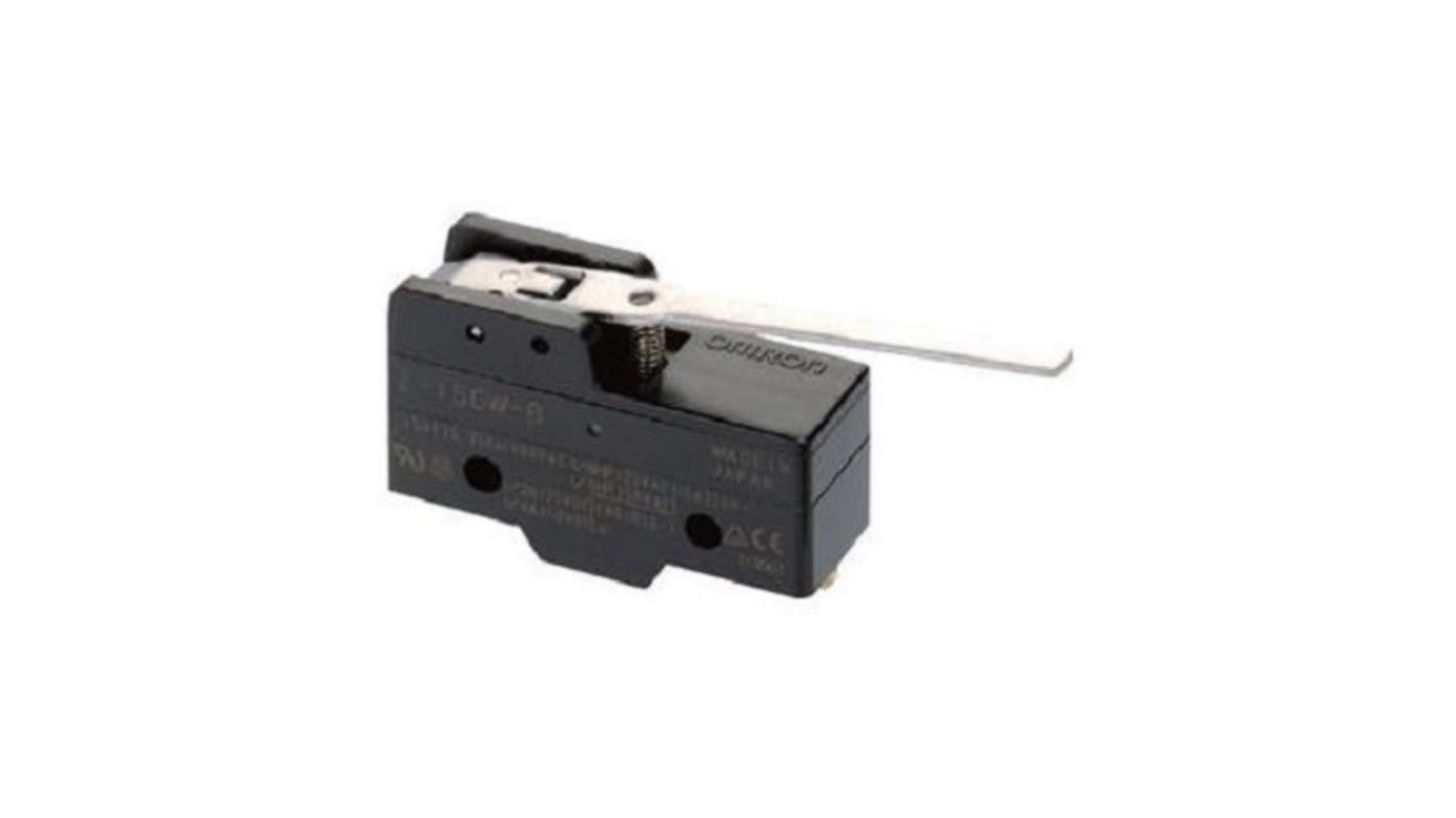 Interruttore di fine corsa Omron Z-15GW4, leva SPDT, contatti NO/NC, 15A, 250V, protezione IP00, temperatura -25 a 80°C.