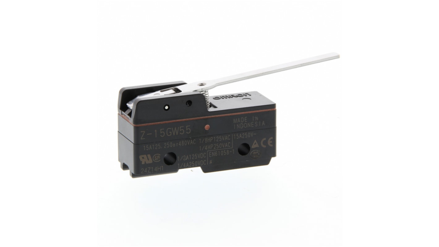 Interruttore di fine corsa Omron Z-15GW55, leva SPDT, contatti NO/NC, corrente 15A, tensione 250V, protezione IP00.