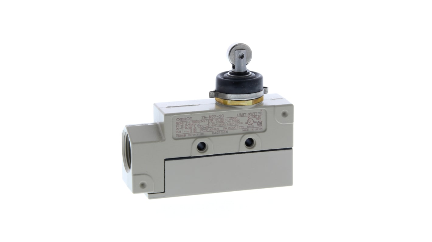 Interruttore di fine corsa Omron ZE-N22-2G, tasto a rotella NO/NC, protezione IP65, corrente 15A, tensione 250V.