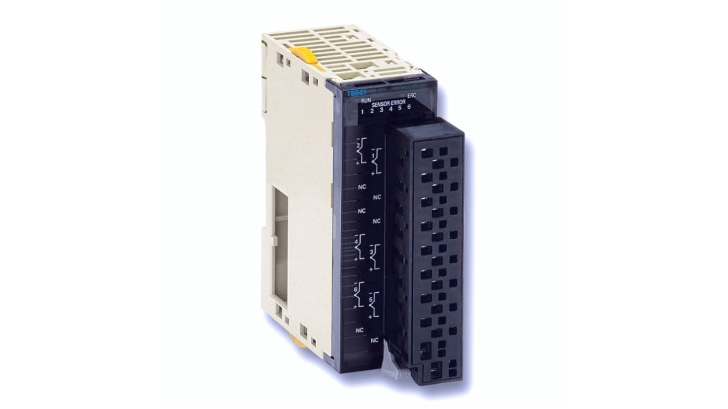 Omron CJ1W-TS561(SL), unità di ingresso analogico con 6 ingressi, montaggio su guida DIN, dimensioni 85 x 31 x 90 mm.