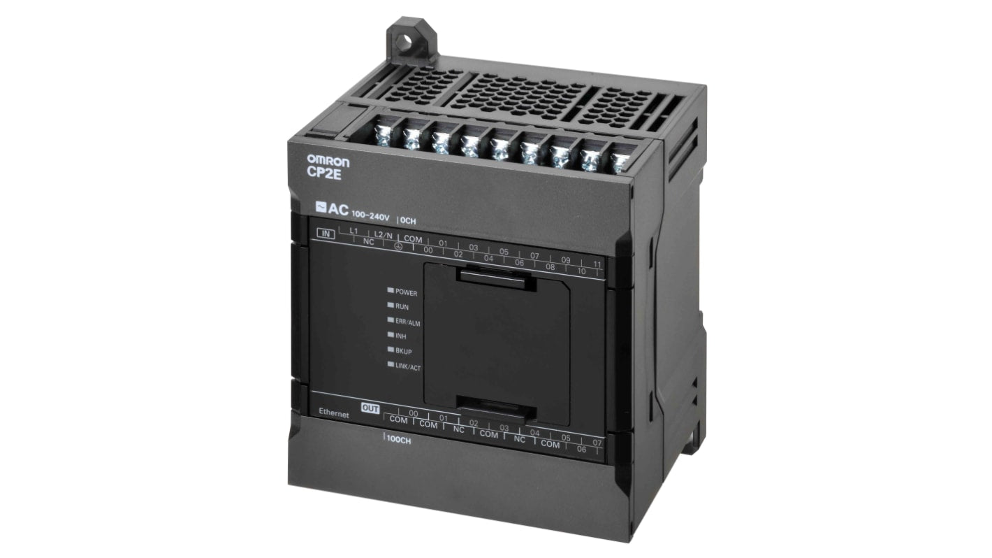 Omron CP2E-N40DR-D, controller PLC compatto con 24 ingressi e 16 uscite digitali, 3 porte seriali e switch Ethernet integrato.