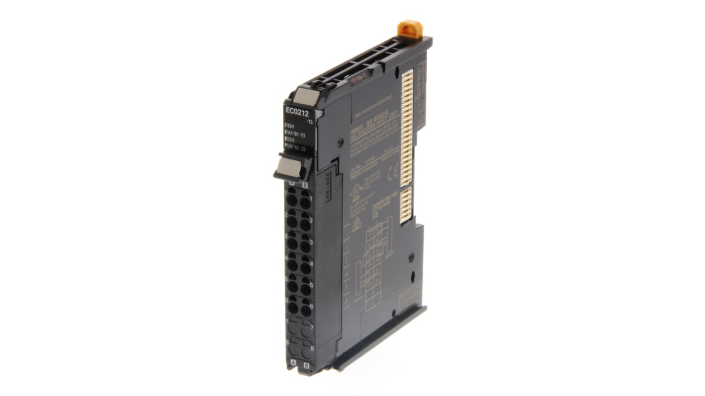 Omron NX-EC0212, unità I/O per automazione Sysmac, con ingresso encoder incrementale e sincronizzazione EtherCAT. Montaggio a pannello.