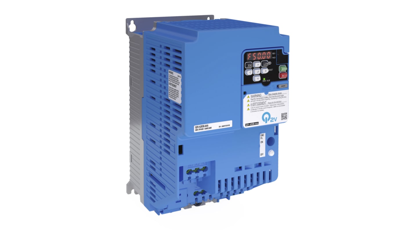 Inverter trifase Omron Q2V-A4060-AAA, potenza 30 kW, tensione 400 V, corrente 60 A, grado di protezione IP20.