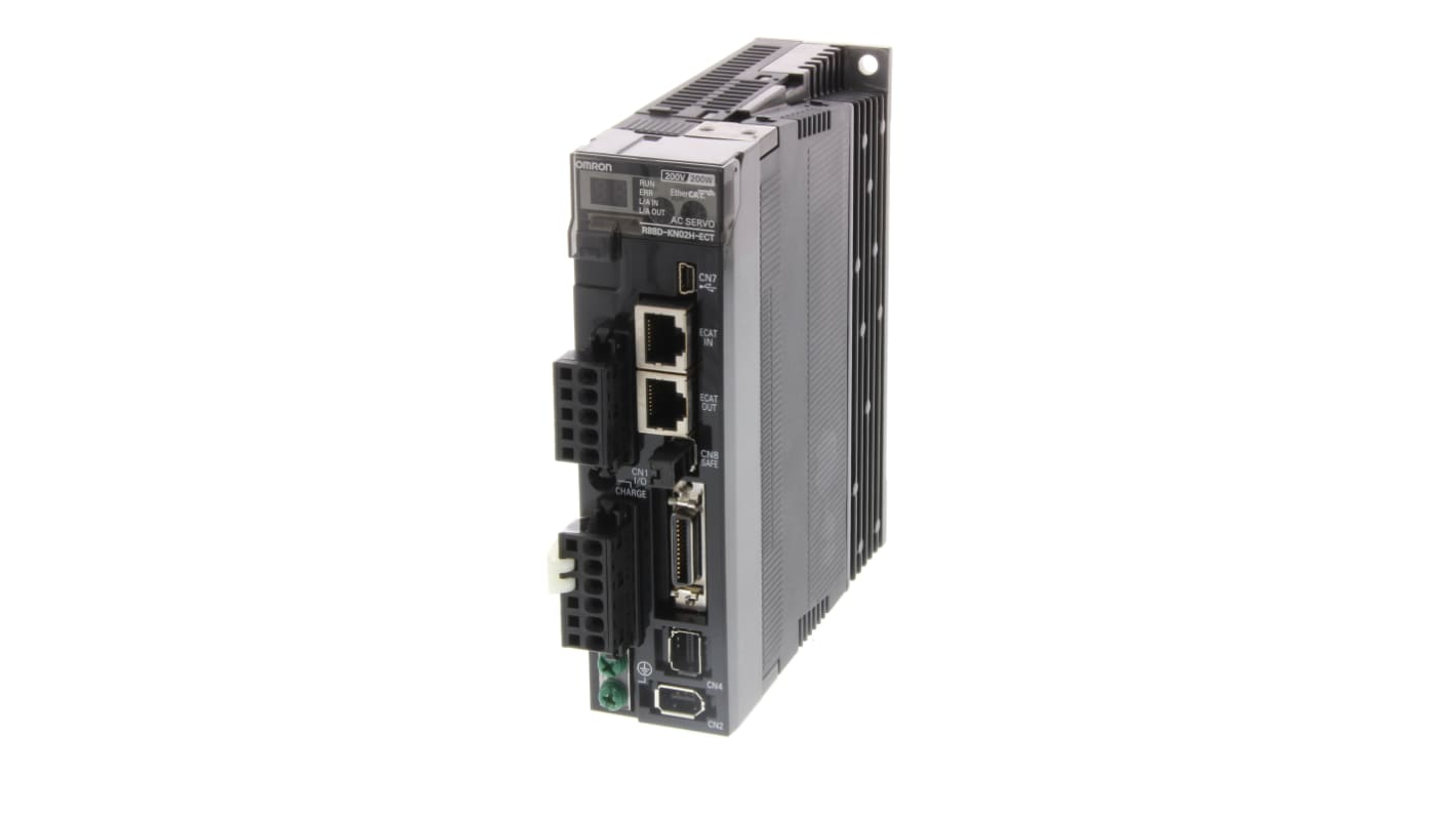 Servocomando Omron R88D-KN04H-ECT per controllo di movimento, 200-240 V, 4,1 A, con EtherCAT e encoder a 20 bit.