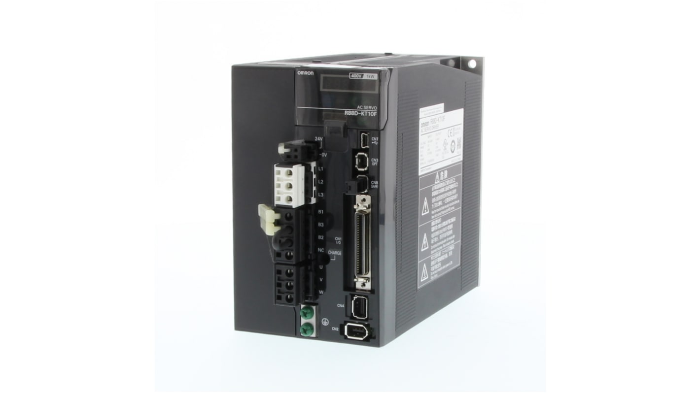 Servocomando Omron R88D-KT20F per controllo di movimento 3 fasi, 400 V, 6 A, compatto e leggero, con EtherCAT e encoder 20 bit.
