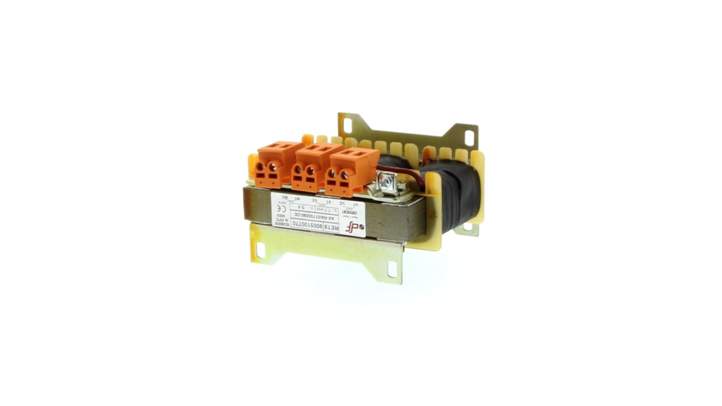 Reattore trifase Omron AX-RAI07700050-DE per inverter RX, ottimizza le prestazioni con potenze di 0,4 kW, 0,7 kW e 1,5 kW.