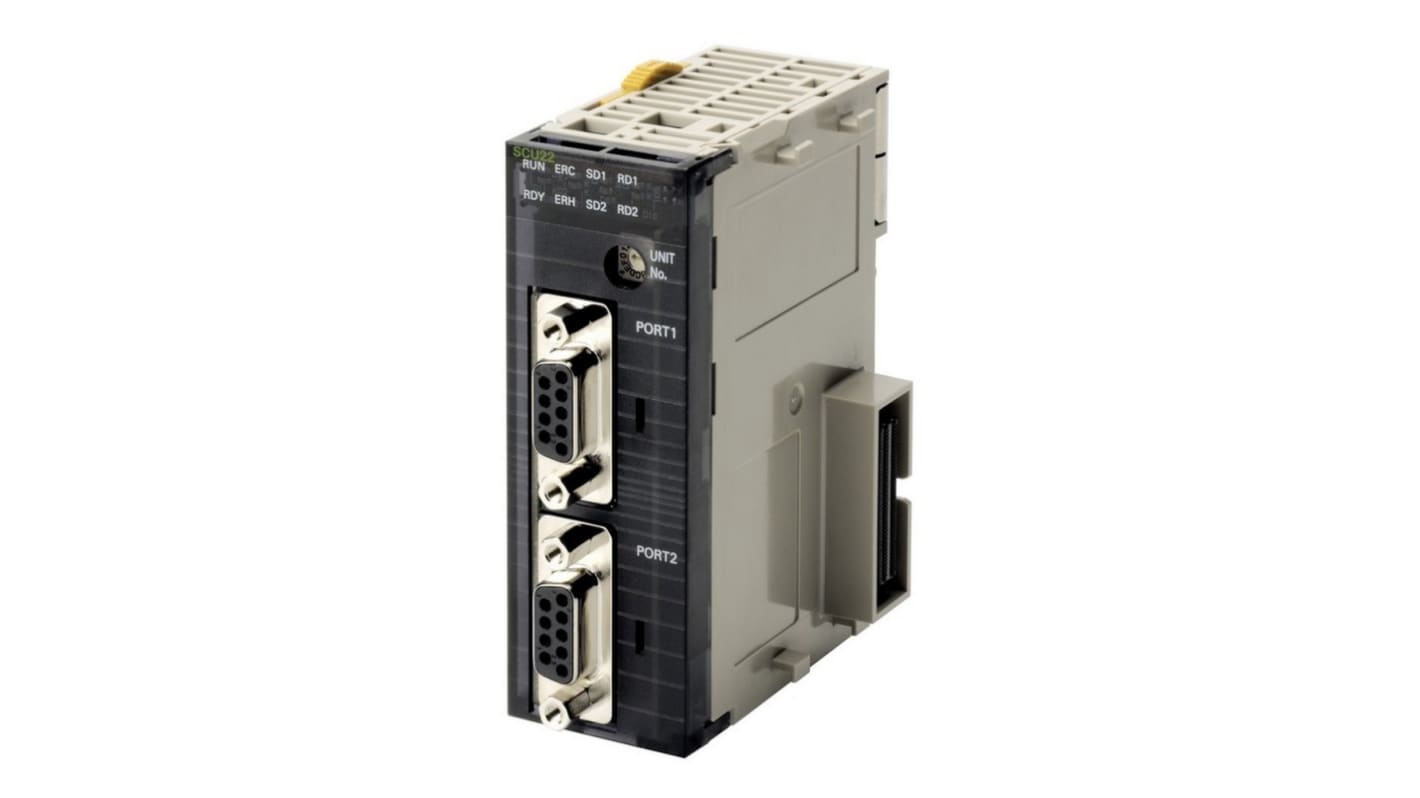 Modulo I/O Omron CJ1W-SCU22 per comunicazione seriale ad alta velocità, 2 porte RS-232C, fino a 230,4 kbps.