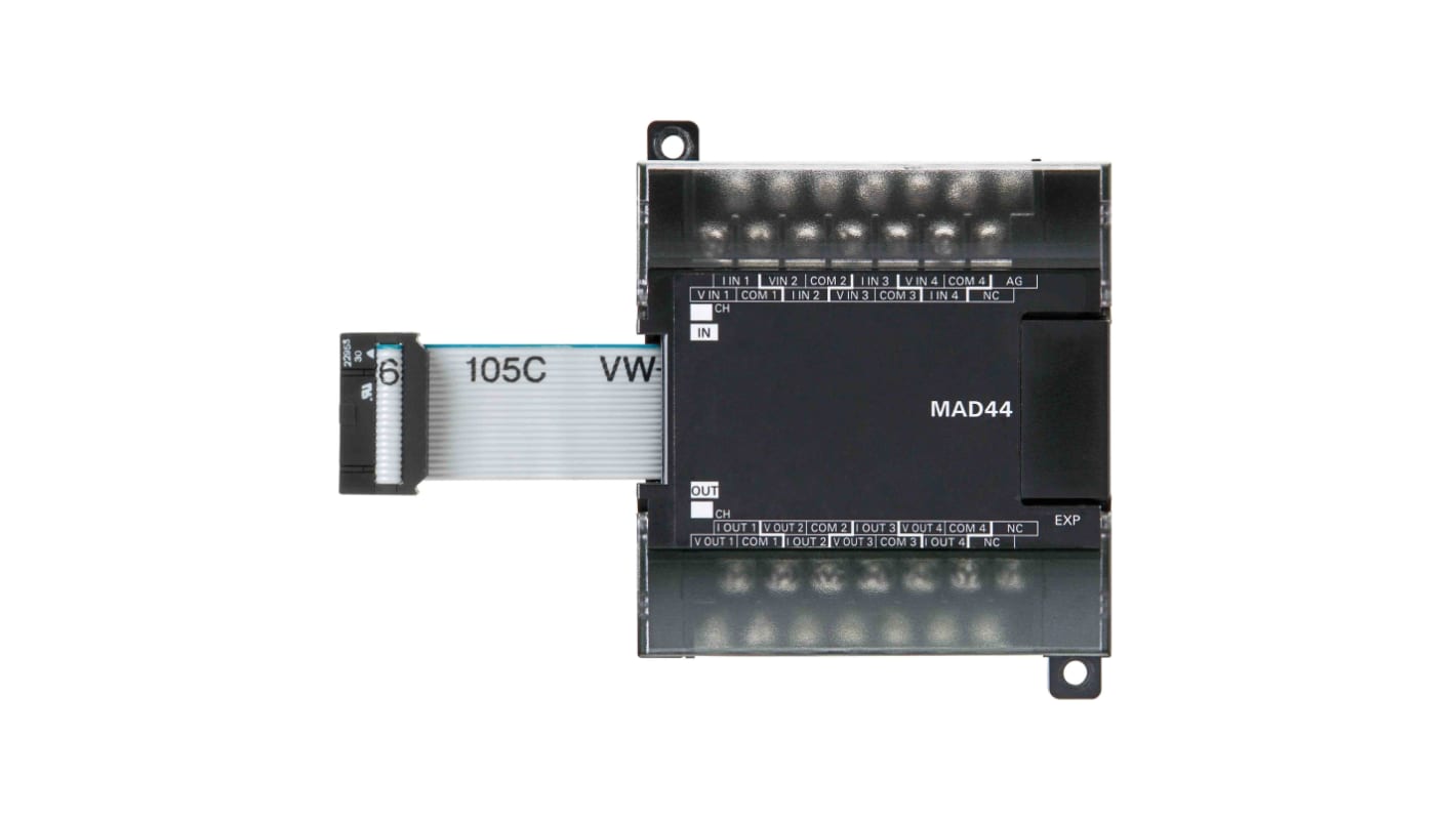 Modulo di espansione I/O Omron CP1W-MAD44 per PLC serie CP2E, con 4 ingressi e 4 uscite analogiche.