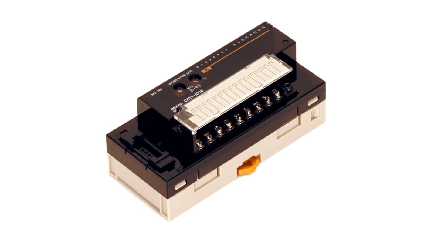 Modulo I/O Omron CRT1-ID16, unità CompoNet con 16 ingressi NPN, morsetti a vite, grado di protezione IP20.