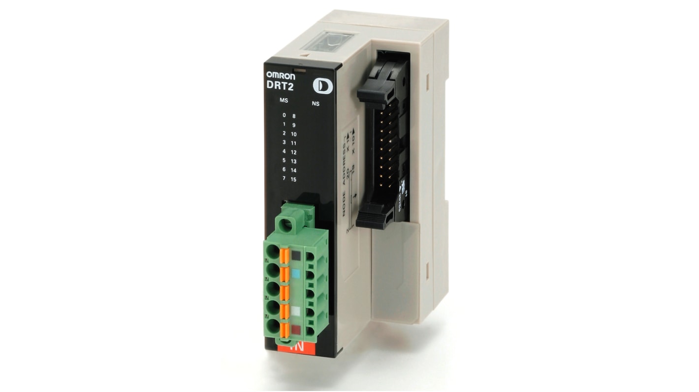Modulo I/O Omron DRT2-OD16MLX, unità digitale con 16 uscite NPN, connettore MIL, grado di protezione IP20.