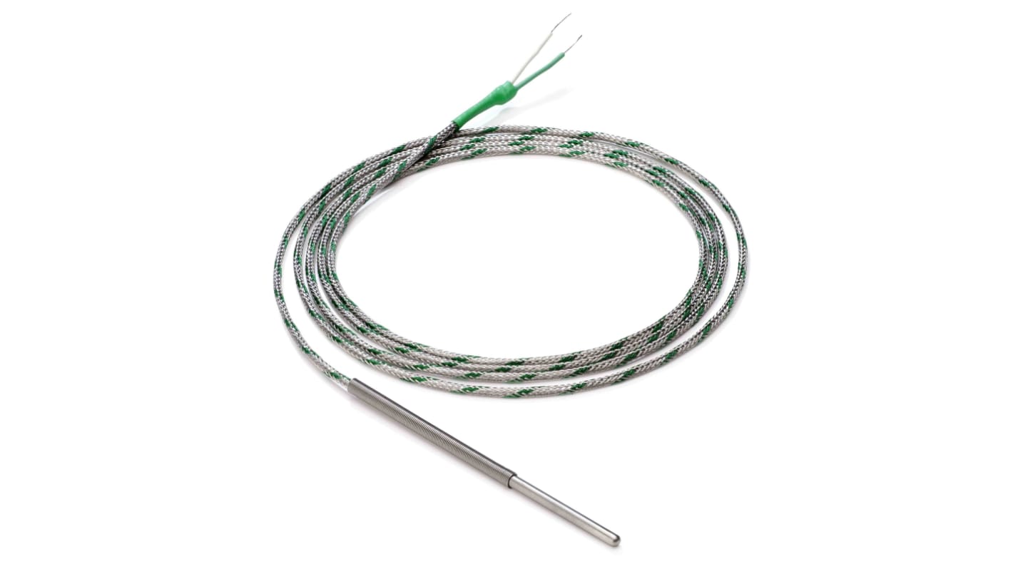 Sensore RTD PT100 Omron E52-ELP6-100-2-A, sonda 100 mm, diametro 6 mm, cavo 2 m, per rilevamento temperature fino a +400°C.