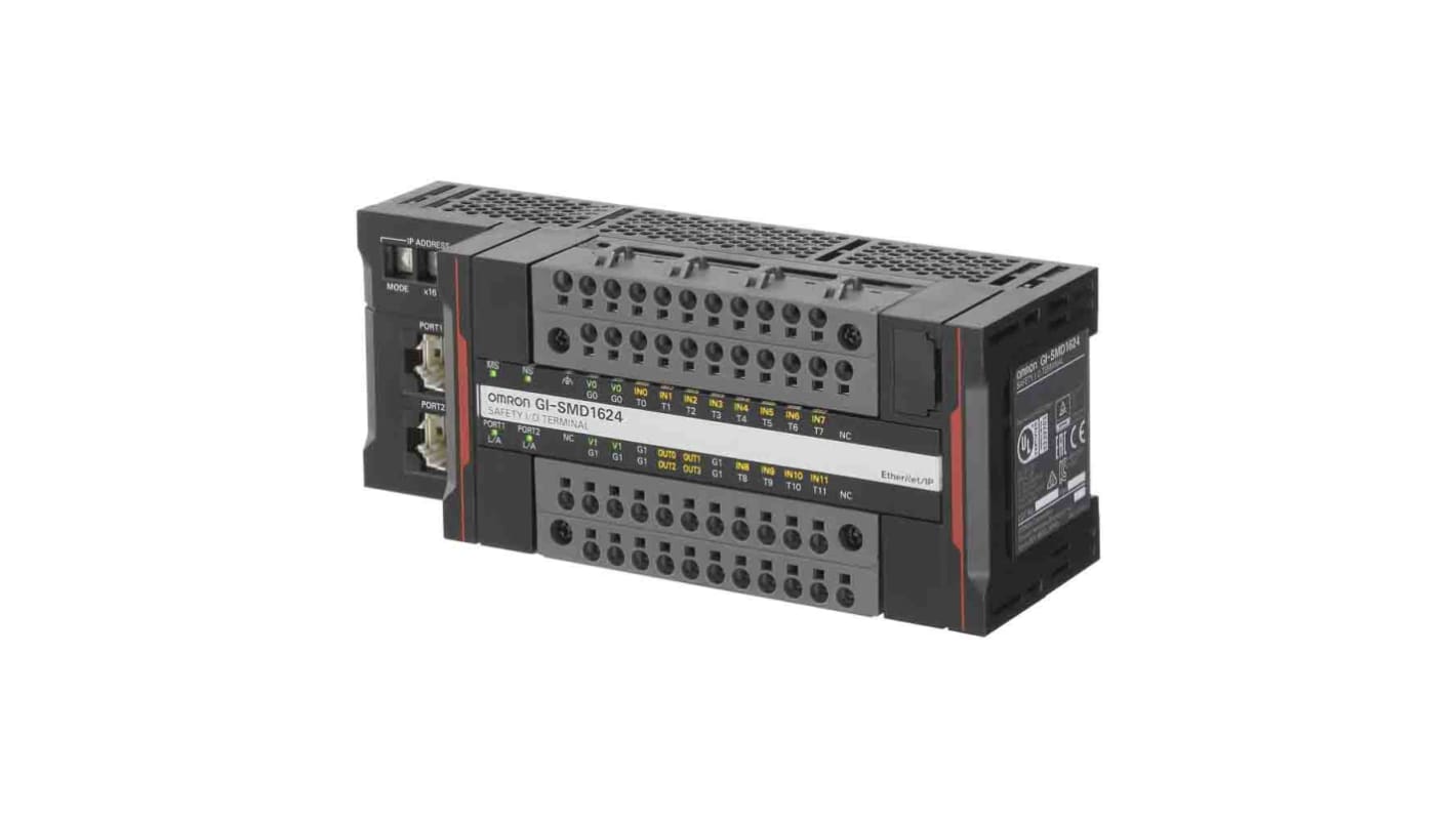 Modulo I/O Omron GI-SMD1624, alimentazione 24 V, 12 ingressi e 4 uscite PNP S-Digital, hub a 2 porte, blocco terminale rimovibile.