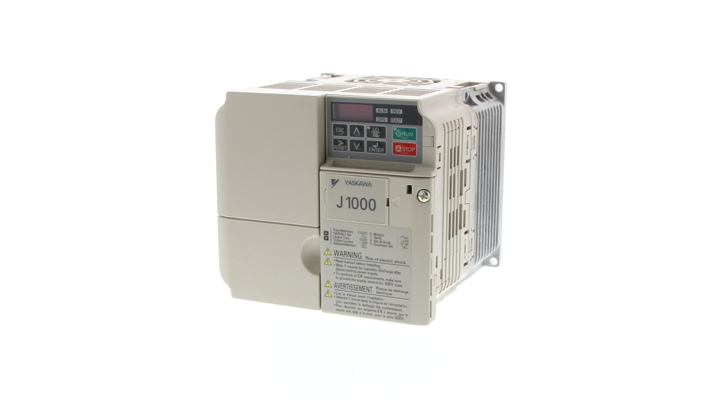 Inverter trifase Omron JZA24P0BAA, potenza 4 kW, alimentazione 230 V, frequenza massima 400 Hz, grado di protezione IP20.