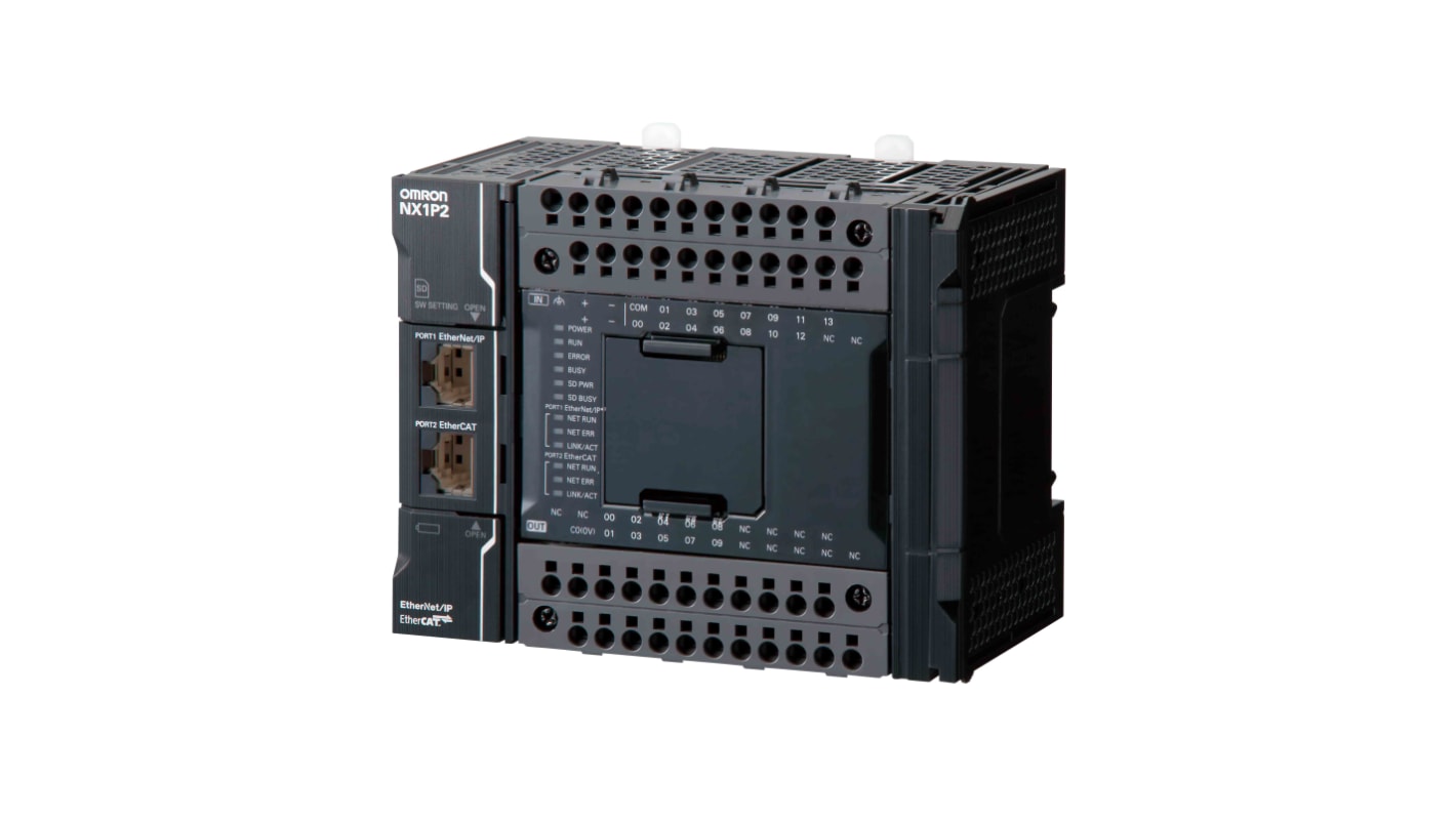 Omron NX1P2-9024DT, CPU PLC per automazione, 24 I/O digitali, interfacce EtherCAT ed Ethernet/IP, memoria 1,5 MB.