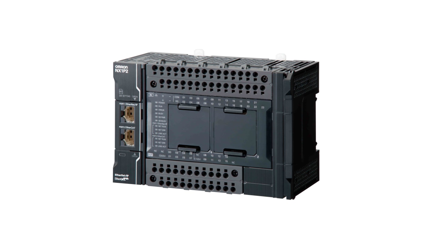 Controller Omron NX1P2-9B40DT, CPU PLC con 40 I/O NPN, programmazione 1 MB, porte EtherCAT ed Ethernet/IP.
