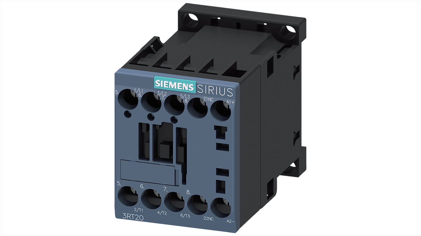 Contattore reversibile Siemens 3RT2015-1BB42-0CC0, 3 poli, 7 A, bobina 24 V c.c., montaggio a vite, design compatto.