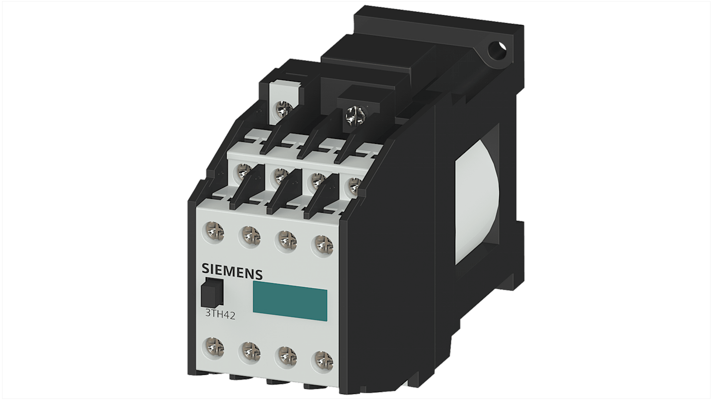 Contattore reversibile Siemens 3TH4262-0LF4, 8 poli, 6 A, 110 V c.c., design con soppressore, grado di protezione IP20.