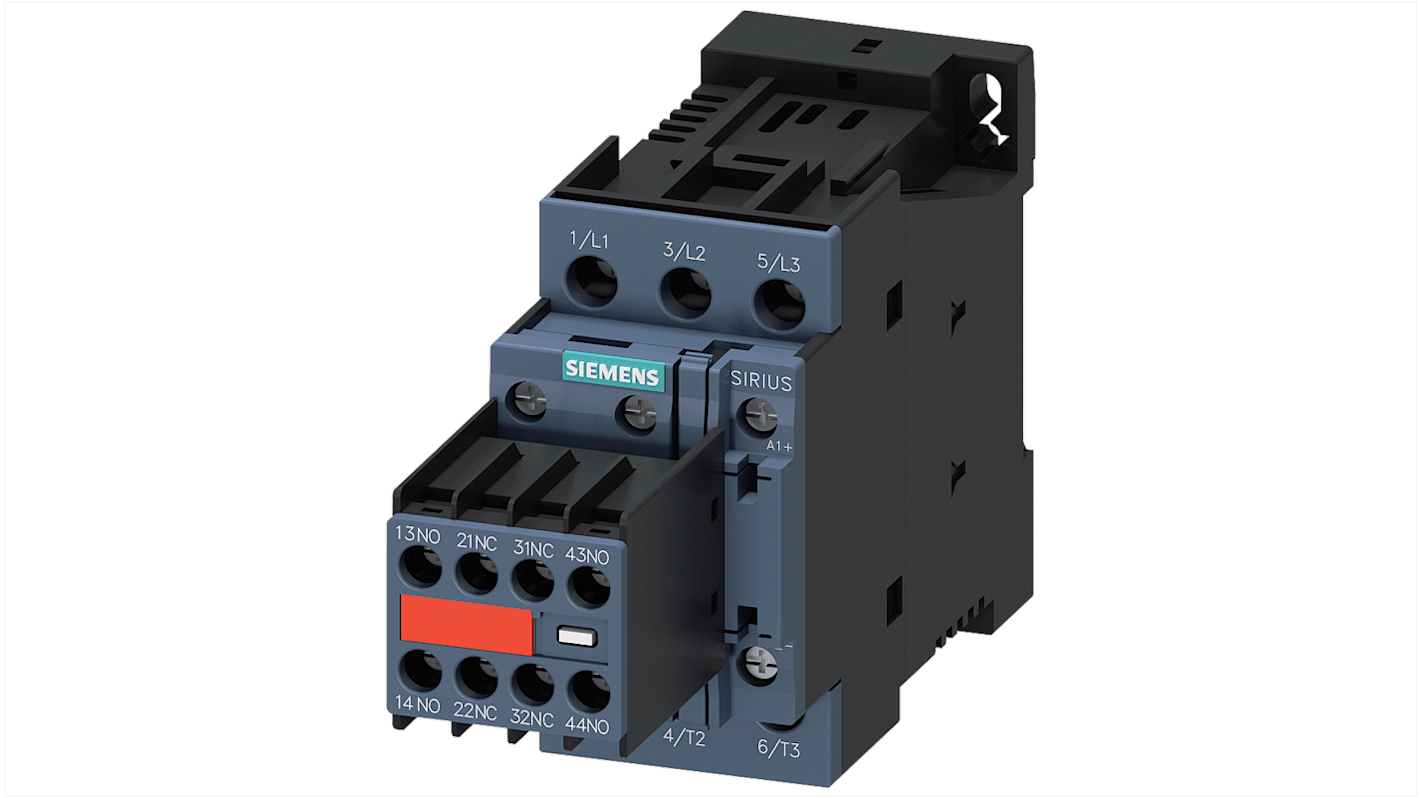 Contattore Siemens 3RT2024-1BB44-3MA0, 3 poli, 2 NO + 2 NC, 12 A, bobina 24 V c.c., design compatto e affidabile.