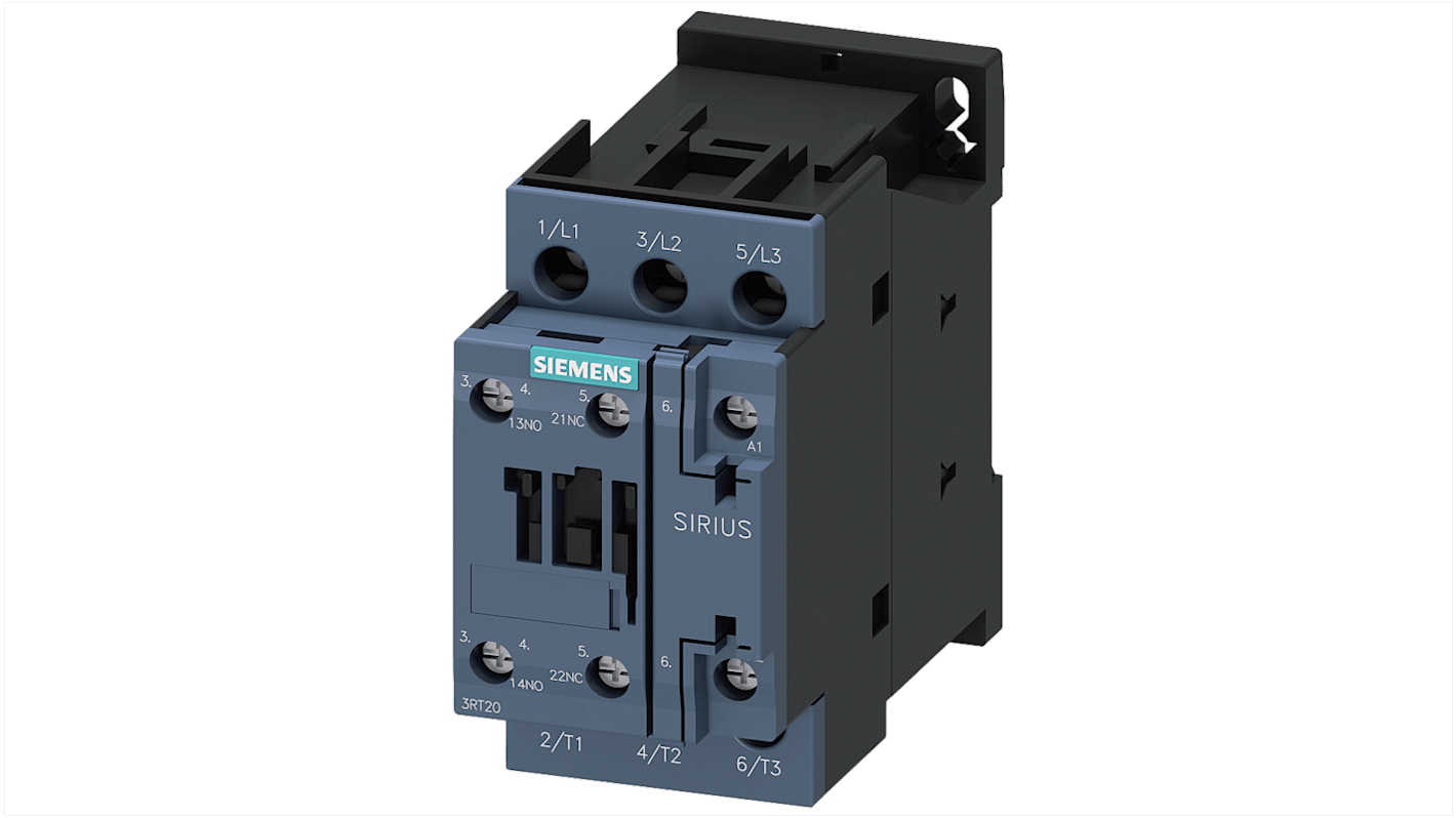 Contattore Siemens 3RT2027-1AN20, 3 poli, 1 NO + 1 NC, 32 A, bobina 220 V c.a., design compatto e affidabile.