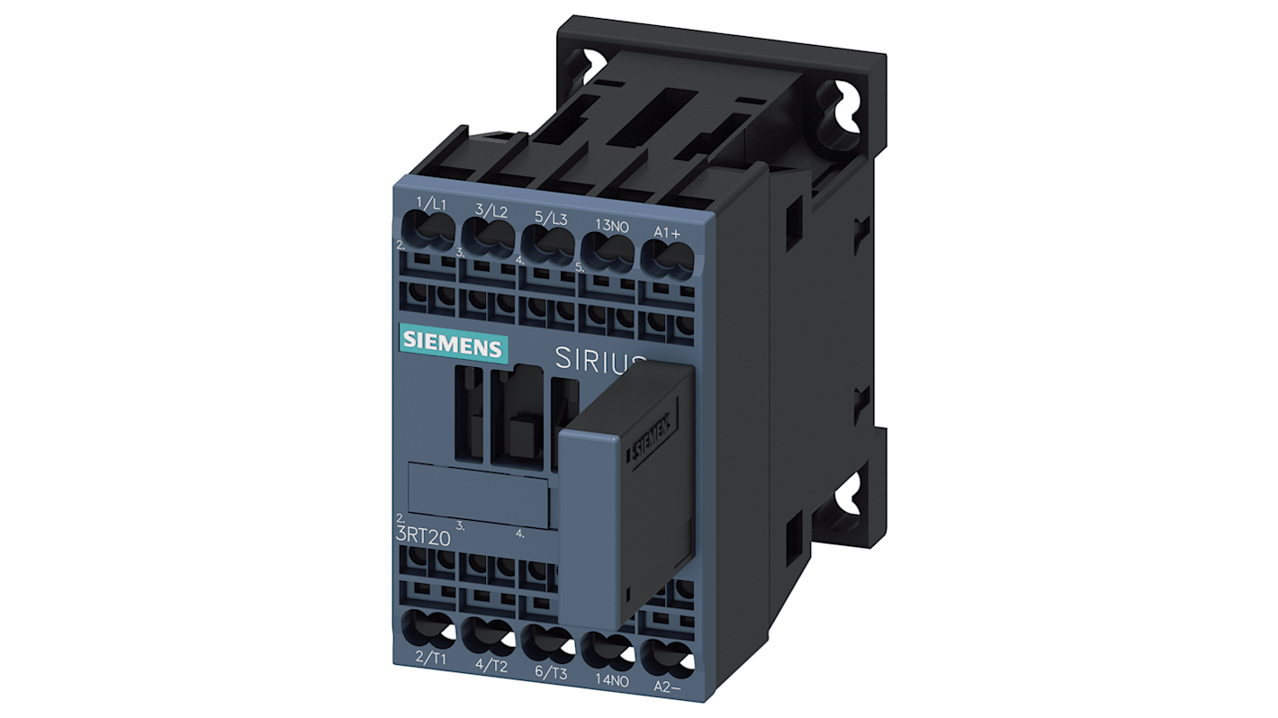 Contattore reversibile Siemens 3RT2015-2QB41, 3 poli, potenza 3 kW, 7 A, 400 V, con varistore integrato, misura S00.