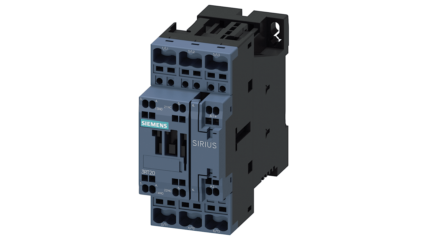 Contattore reversibile Siemens 3RT2025-2XF40-0LA2, 3 poli, 7,5 kW, 17 A, 400 V, comando elettronico 110 V CC, sistema Sirius.