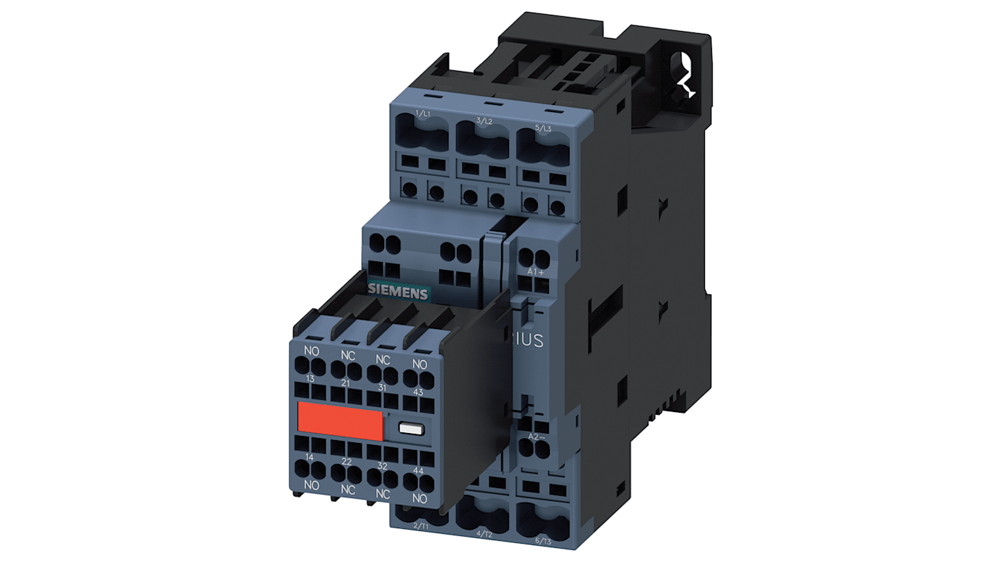 Contattore reversibile Siemens 3RT2027-2FB44-3MA0, 3 poli, 2 NO + 2 NC, potenza 15 kW, 32 A, 400 V, alimentazione 24 V c.c.