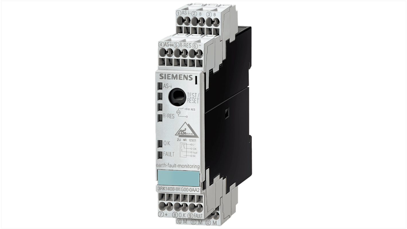 Siemens 3RK1408-8KG00-0AA2, modulo di guasto per monitoraggio potenza motore, 24 V, 500 mA, IP20, larghezza 22,5 mm.