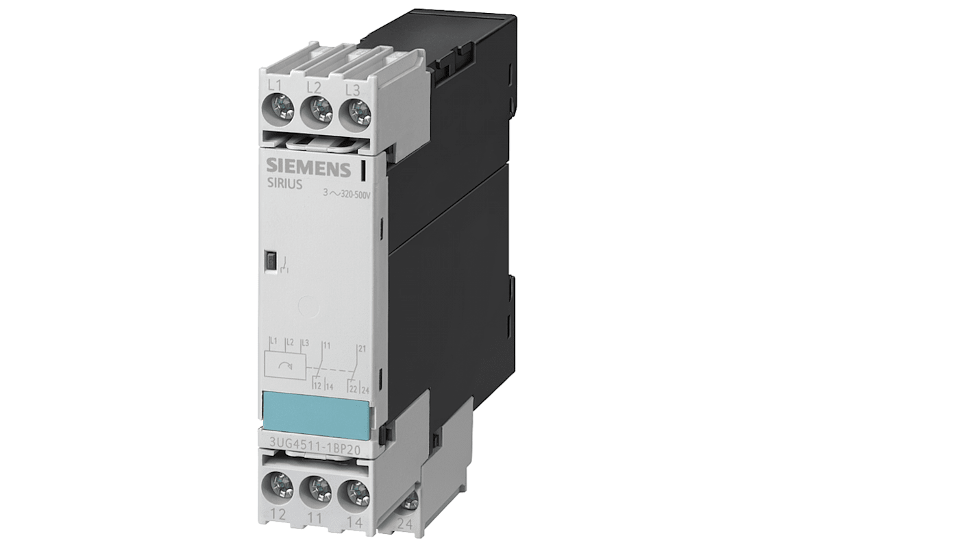 Relè di monitoraggio fase Siemens 3UG4511-1BQ20, DPDT, 2 contatti, IP20, reset automatico, isolamento galvanico.
