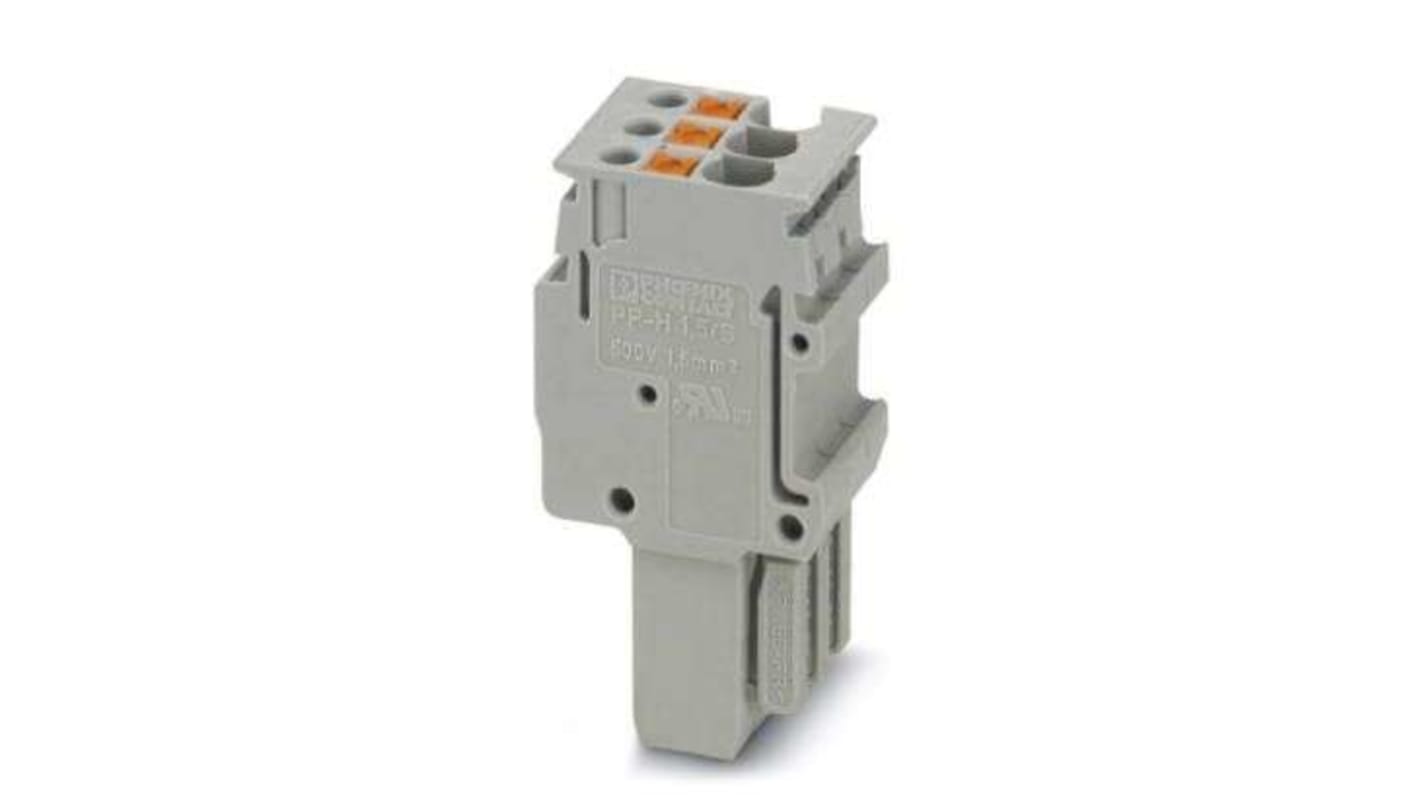 Connettore maschio Phoenix Contact serie PP - H 1 (cod. 3212523) per sezioni da 0,14 a 1,5 mm², in PA grigio. Grado di inquinamento 3, categoria sovratensione III.
