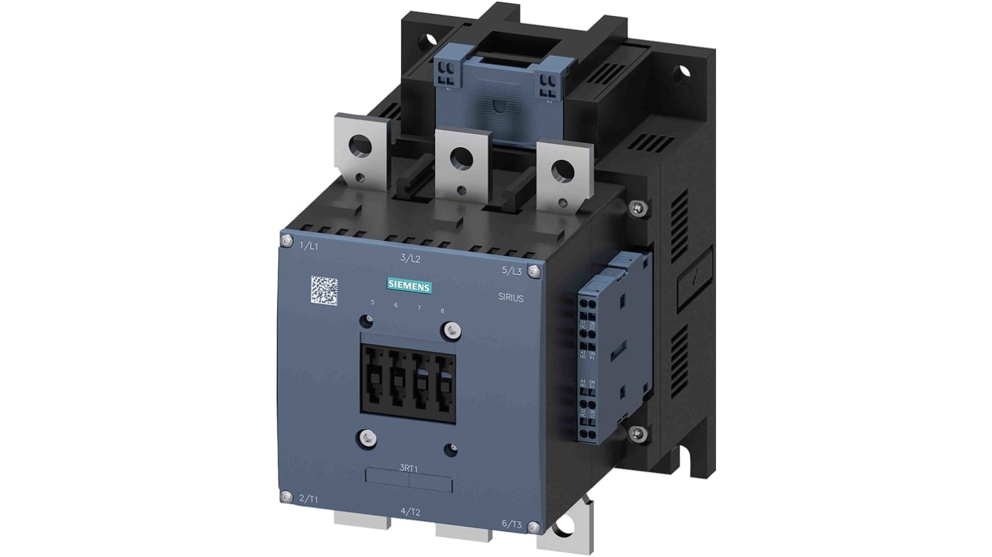 Contattore Siemens 3RT1066-2AB36, 3 poli, 2 NO + 2 NC, 300 A, bobina 24 V c.c., montaggio su rotaie o terminali.