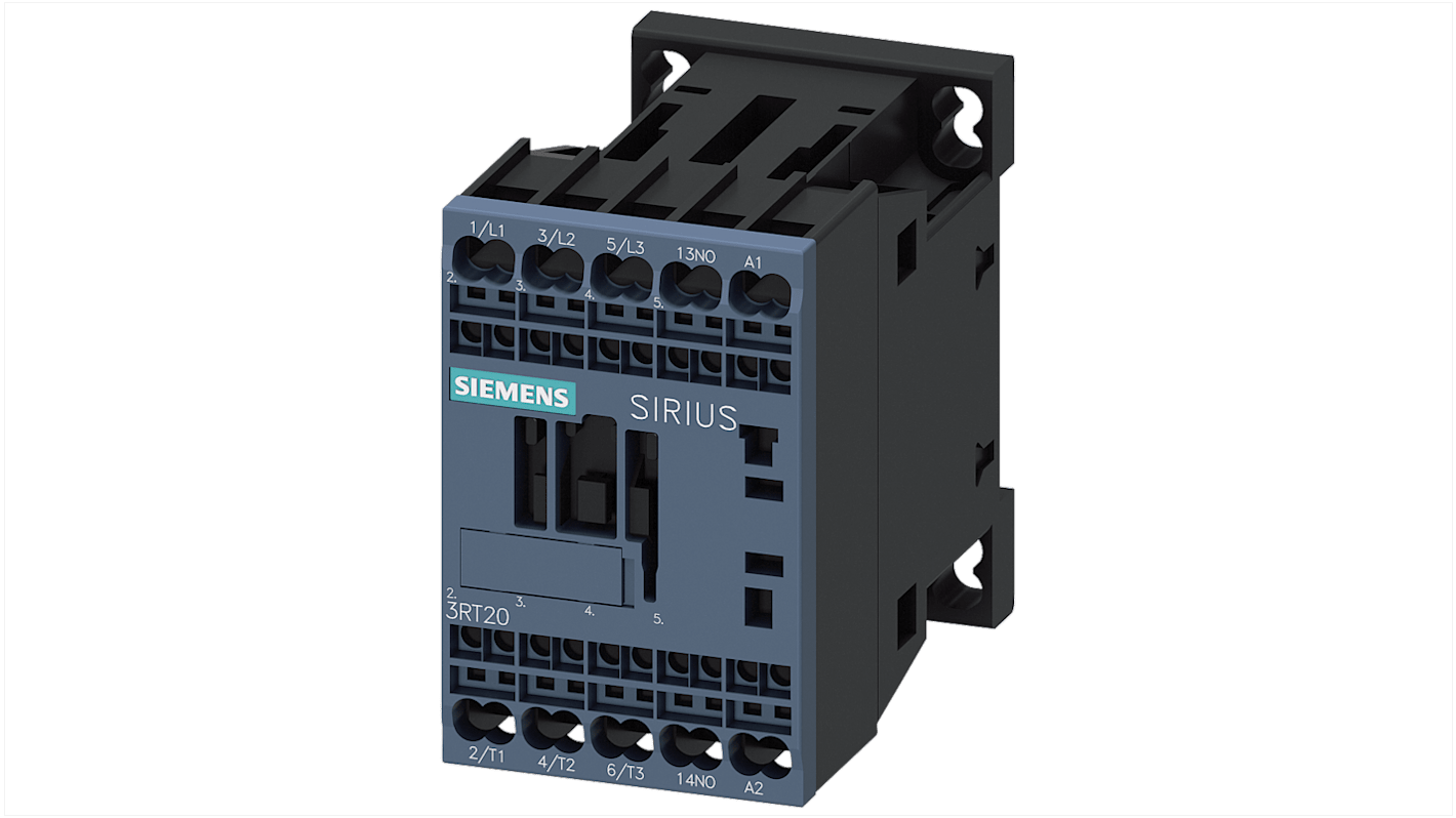 Contattore Siemens 3RT2016-2AP61, 3 poli, 9 A, bobina 220 V c.a., design compatto, terminali frontali per cablaggio semplificato.
