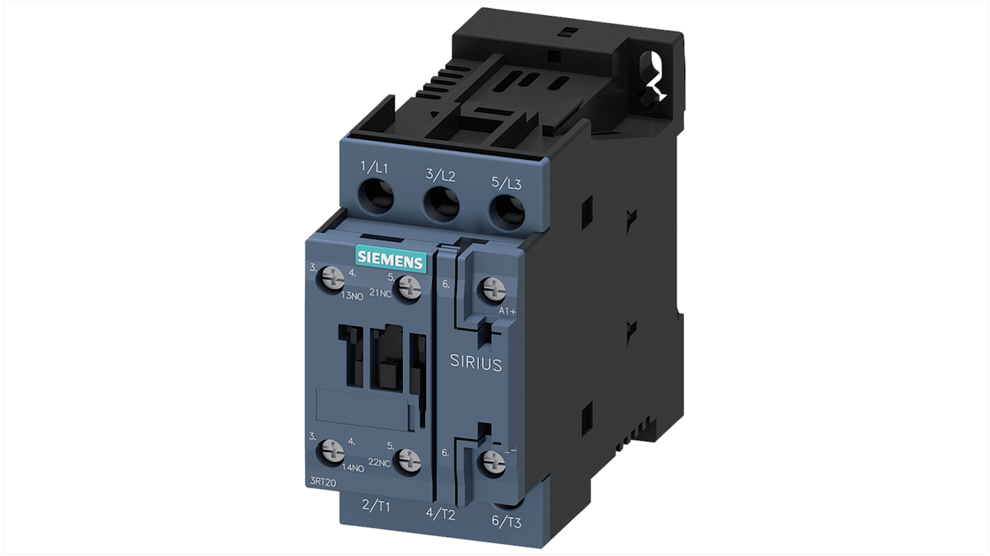 Contattore Siemens 3RT2024-1NF30, 3 poli, 1 NO + 1 NC, 12 A, bobina 130 V, design compatto e terminali frontali.