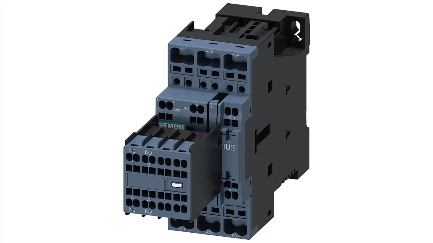 Contattore Siemens 3RT2025-2BB44, 3 poli, 2 NO + 2 NC, 17 A, bobina 24 V c.c., design compatto e terminali frontali.