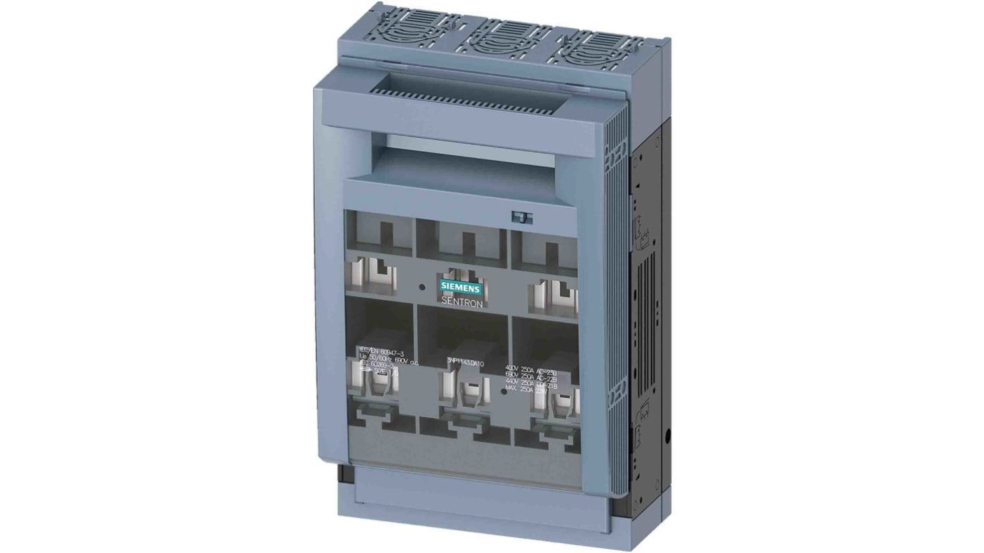 Sezionatore portafusibili Siemens 3 poli, 250A, tensione 1000V, progettato per sistemi di distribuzione sicuri.