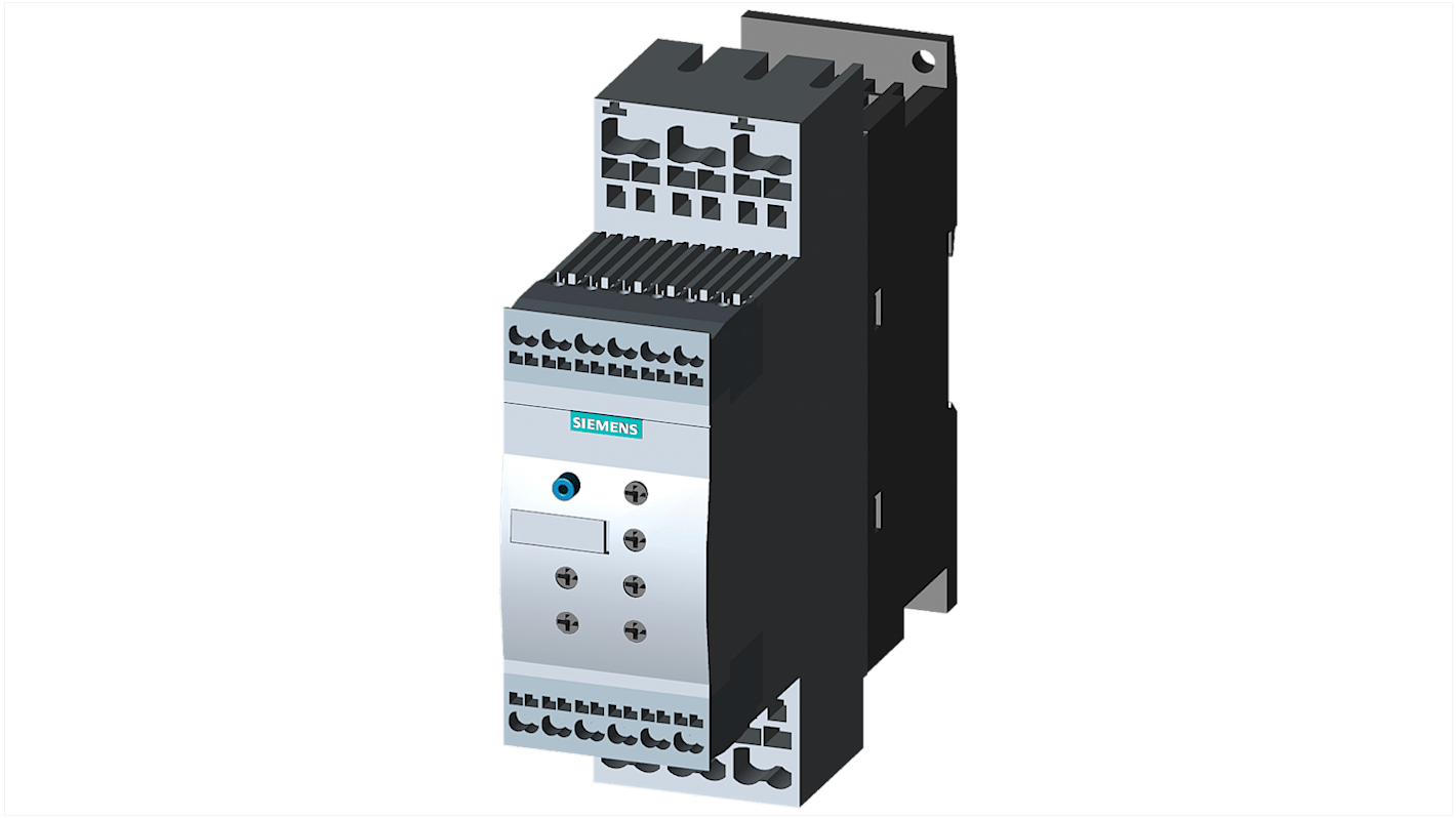 Soft starter Siemens 3RW4027-2BB04, 15 kW, 32 A, montaggio su guida DIN, protezione sovraccarico integrata.