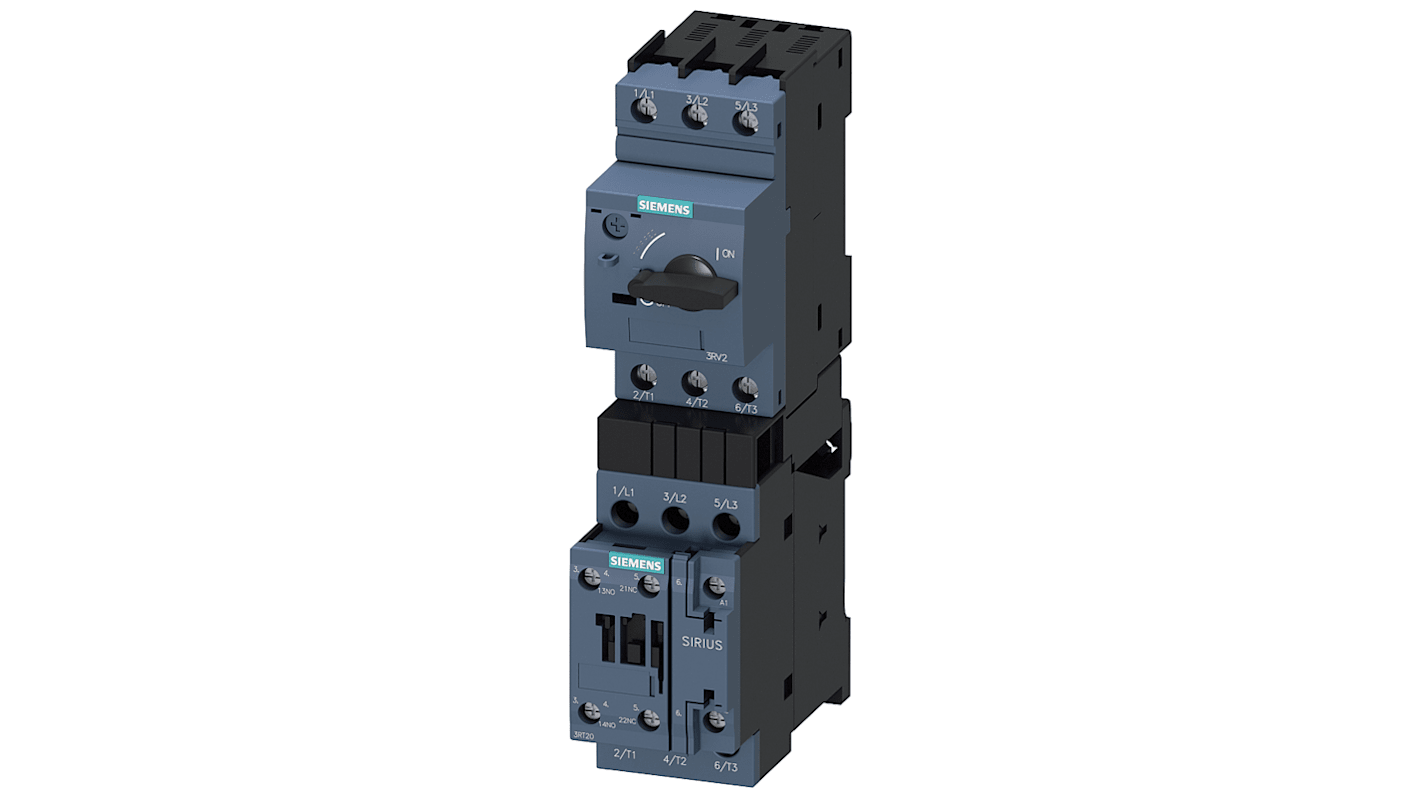 Starter DOL Siemens 3RA2120-1HA24-0AP0 per motori, potenza 3 kW, 6,5 A, 690 V, design modulare, grado di protezione IP20.
