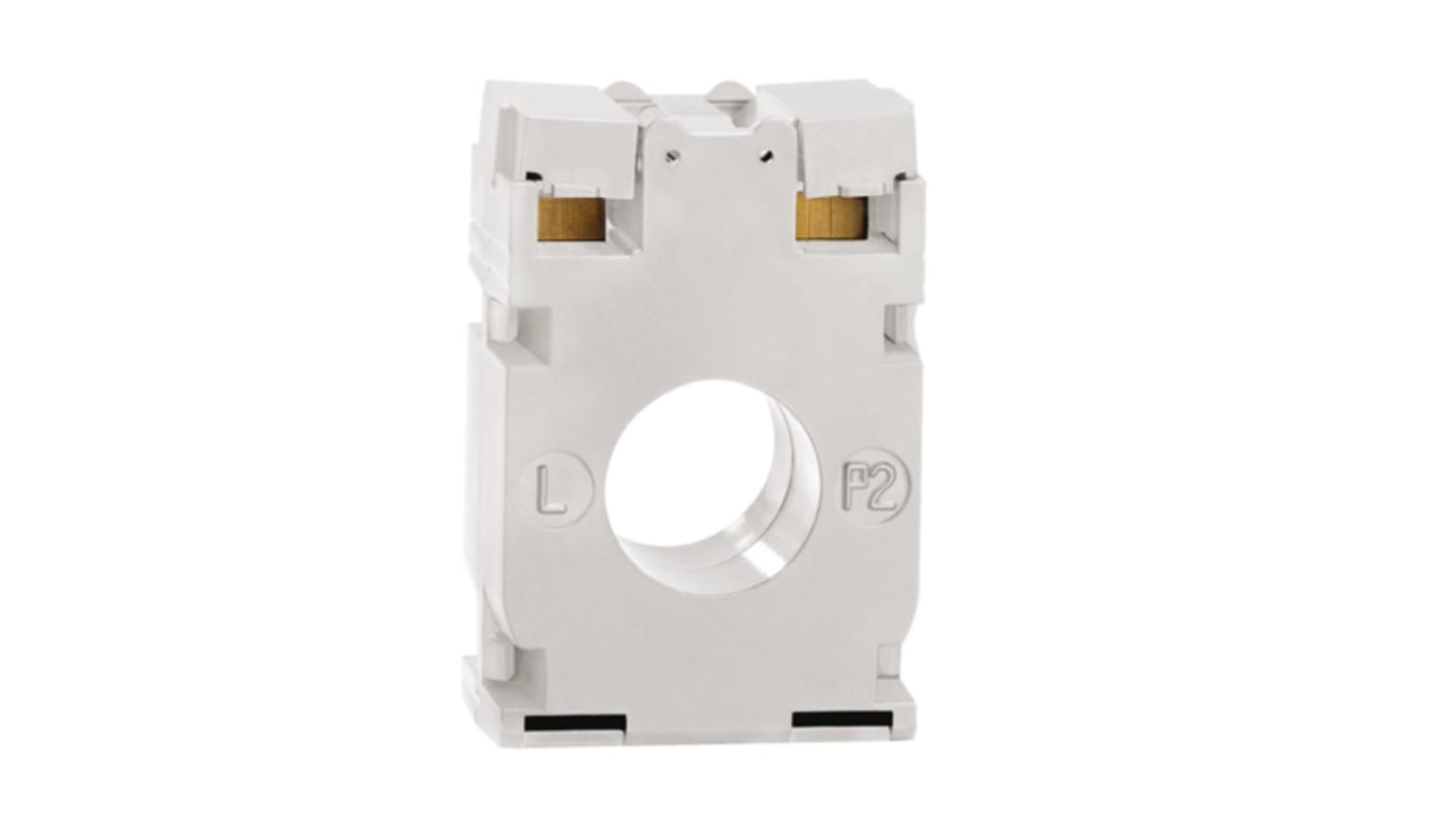 Trasformatore di corrente Lovato DM0T0100, ingresso 100A, uscita 5A, montaggio su guida DIN, dimensioni 66x44mm, grado di protezione IP30.