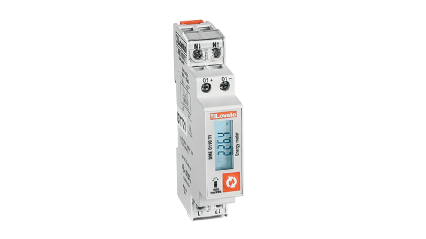 Contatore di energia monofase Lovato DMED110T1 con display LCD, collegamento diretto fino a 40 A, dimensioni 85x17.5 mm.