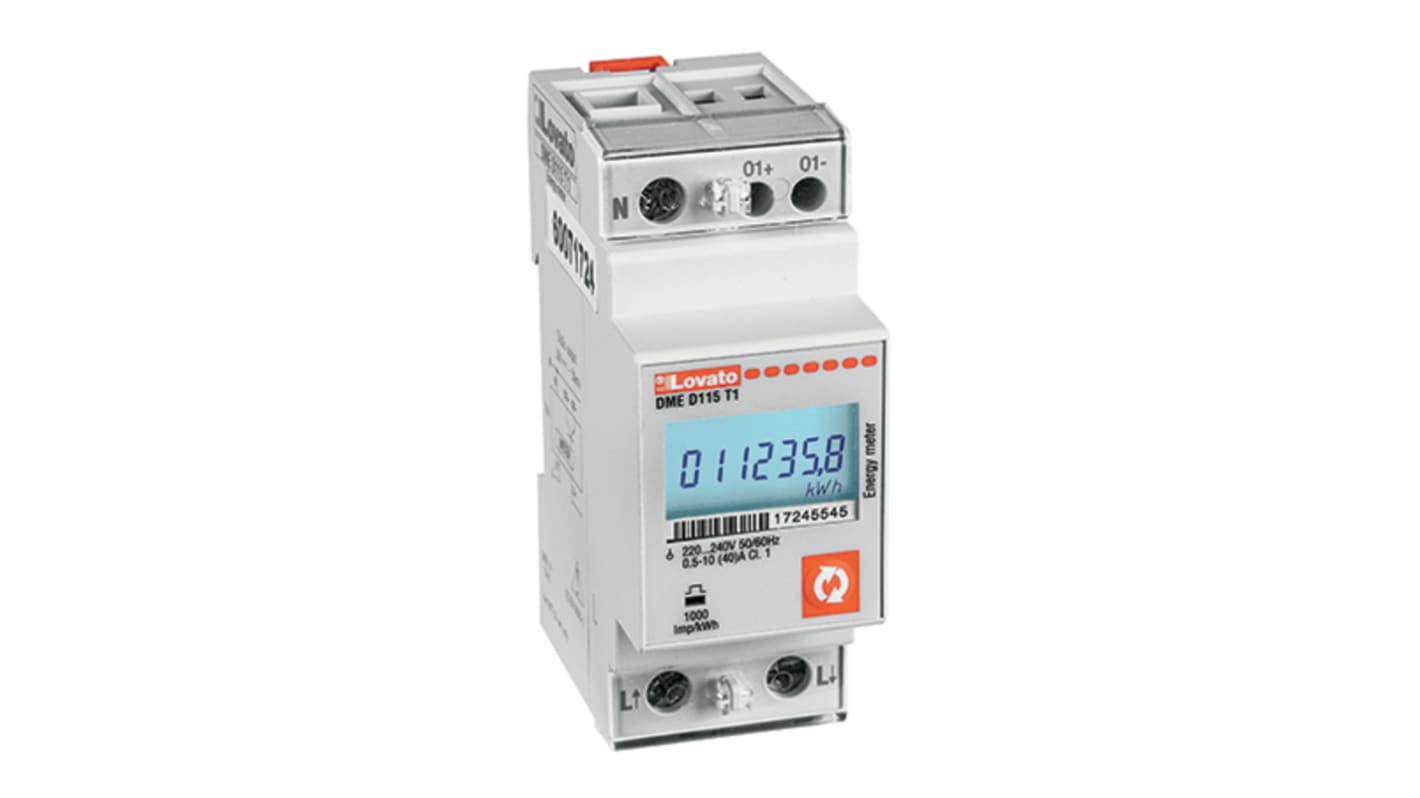 Contatore di energia monofase Lovato DMED115T1 con display LCD, collegamento diretto fino a 40 A, dimensioni 104.7 x 35.8 mm.
