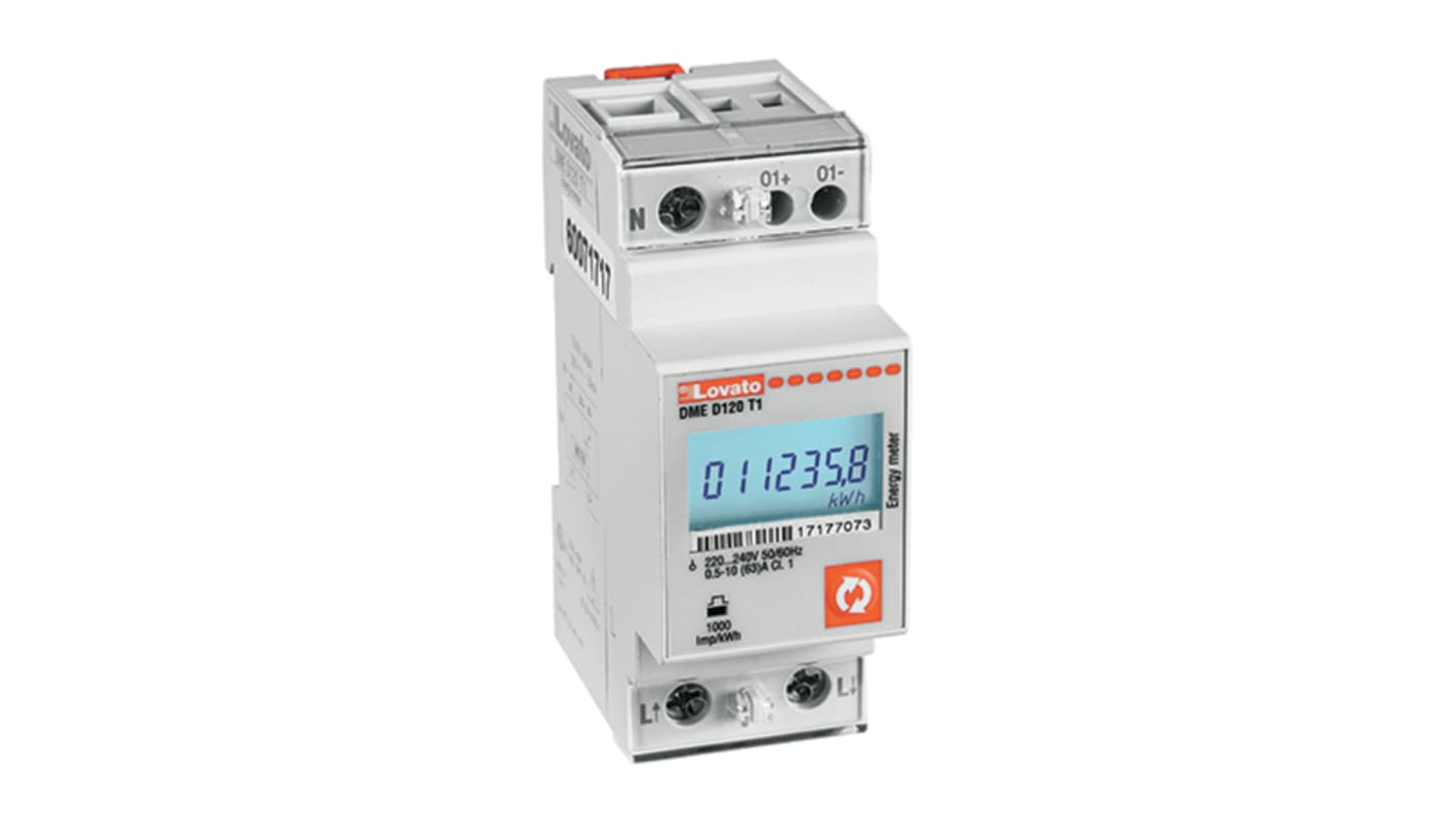 Contatore di energia monofase Lovato DMED120T1 con display LCD retroilluminato, corrente nominale 63 A, dimensioni 104.7x35.8 mm.